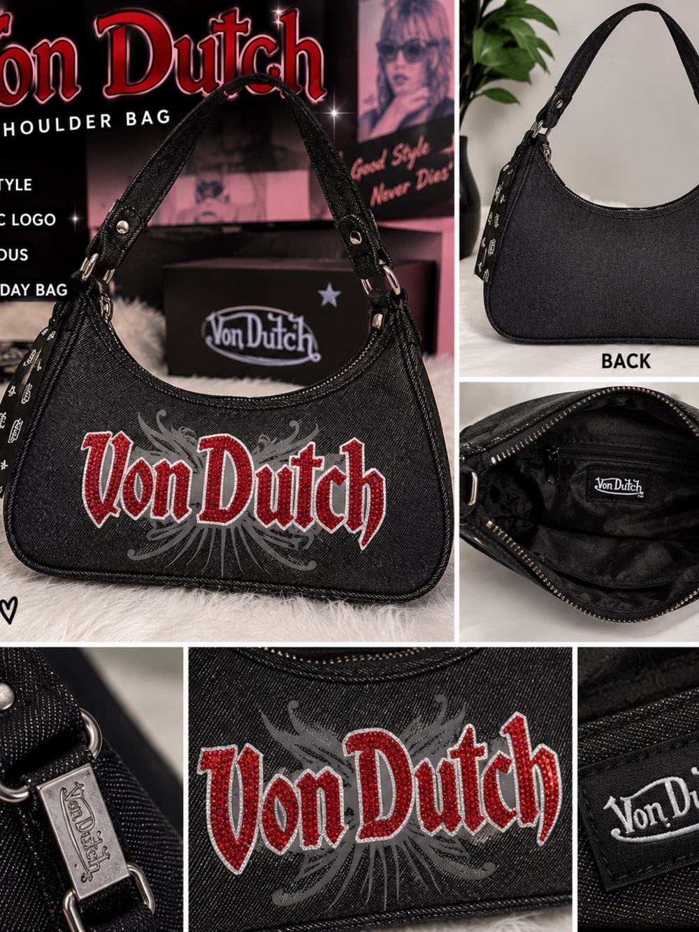Von Dutch Black Shoulder Bag with Red Logo Embroidery